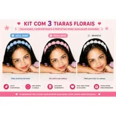 Kit 3 Tiaras Infantil Florzinha com Perola Aqquinho Infantil Tiara Floral Azul Bebe Rosa Bebe e branco