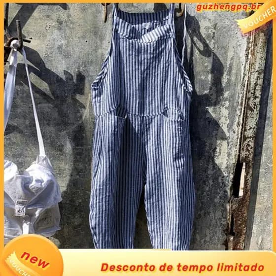 Macacão listrado Casual feminino algodão verão macacão Casual tamanho grande