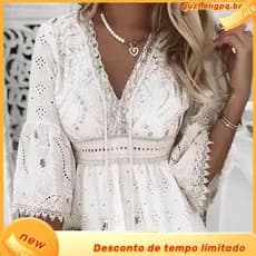 Vestido Bordado Fofo Com Padrão Trançado Em V Pescoço Branco HS10019