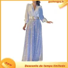 [NP] Senhoras Prom Macacão Brilhante Perna Longa Perna Lantejoulas V Pescoço Outfit Perna Solta Perna Destino Virilha Te