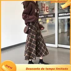 Outono Inverno Saia Xadrez De Lã Feminina Larga Retrô Comprimento Médio Cintura Alta Uma Linha Longa