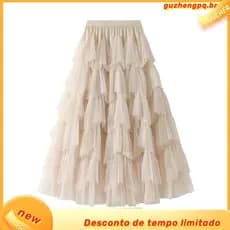 【 6 Cores 】 ANGEL Saia midi Feminina De Malha Cor Sólida Coreana Cintura Alta Roxa Linha A Tutu Tulle De Bolo Longo Par