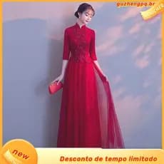 2025 Novo Vestido De Casamento Brinde Primavera E Outono Evento Banquete Longo Vermelho Qua