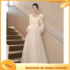 Champanhe Vestido De Noite De Manga Comprida Para Mulheres Elegante Flor Bordado Banquete Magro Vestidos De Princesa Fes