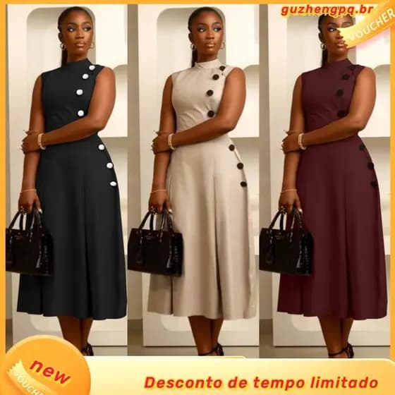 Elegante temperamento cintura estreita gola alta sem mangas botão vestido decorativo