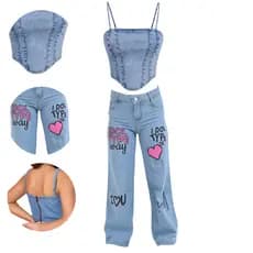 Conjunto Jeans Infantil Cropped e Calça  Fashion Blogueirinha