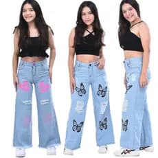 Calça jeans wide leg infantil  pantalona com desenho lote estampada do 10 aos 16