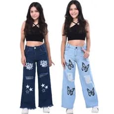 kit 2 Calça jeans wide leg infantil  pantalona com desenho lote estampada do 10 aos 16
