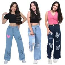 Calça Jeans Menina Infantil e Juvenil Wide Leg Estampada Qualidade Premium