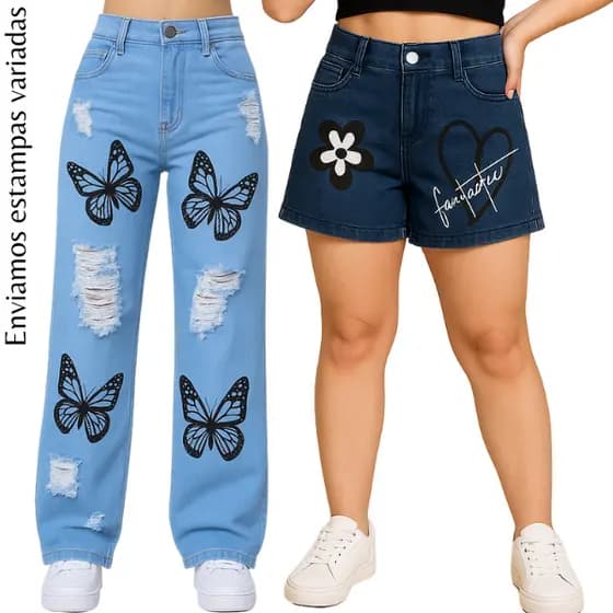 kit 1 Calça Jeans Wide  Leg Pantalona + 1 Short Estampado Infantil Juvenil