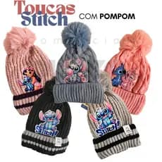 Touca Infantil Lilo e Stitch com Pompom Quentinha Forrada Confortável Inverno Frio Gorro Lã Até 10 Anos