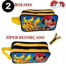 Estojo Lápis Duplo Escolar Pokémon 2 Bolsos Divisórias Infantil Pikachu Menino