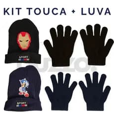 Kit Touca Luvas Infantil Inverno Iron Man Sonic Lã Quentes Meninos 4 a 10 Anos Super-Herói Estiloso