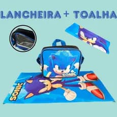 Kit Lancheira Térmica Sonic Stitch + Toalha Infantil Estampada Pequena de Rosto Escolar Aula Passeio Viagem Azul Rosa