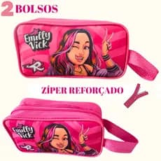 Estojo Escolar Emilly Vick 2 Bolsos Divisórias Rosa Menina Lápis