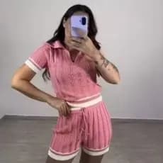 Conjunto Feminino Short -+ Blusa Gola Polo Tricot Premium Elegante e Confortável Listras Aerolook Cod..