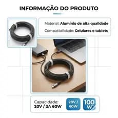 Cabo Carregador USB C Turbo 60W 6A Tipo C Reforçado Power Delivery Celular Notebook Flexível Preto
