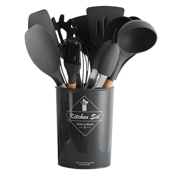 Kit Utensílios Cozinha Silicone com Suporte 12 Peças Colher Pegador Pincel Batedor Fue Foue Espátula