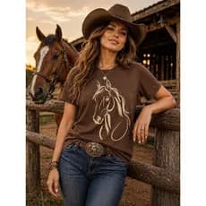 Camiseta Marrom Cavalo Estampa Country Rodeio Feminina 100% Algodão Envio Rapido