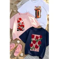 Camiseta Feminina Estampada Floral Vintage Flores, Fita Cassete Retrô, Tulipas Manga Curta Casual Moda Básica