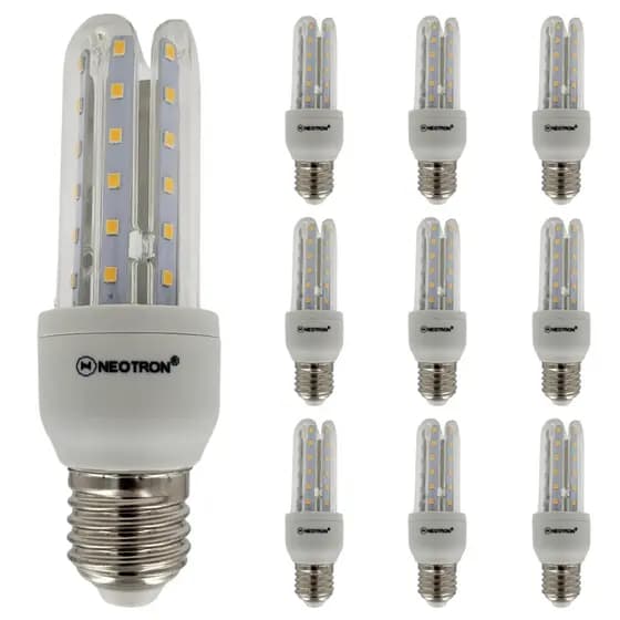 KIT 10 Lâmpadas LED Compacta 7W 3000K Luz Amarela Branca Quente Bivolt 110/220V 3U E27 NEOTRON 630 Lúmens - Decorativa Cozinha Casa Residencial Soquete Padrão Luminária Compacta Espiga Milho Formato U