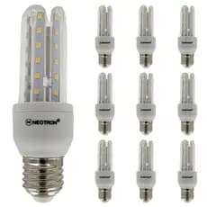 KIT 10 Lâmpadas LED Compacta 7W 3000K Luz Amarela Branca Quente Bivolt 110/220V 3U E27 NEOTRON 630 Lúmens - Decorativa Cozinha Casa Residencial Soquete Padrão Luminária Compacta Espiga Milho Formato U