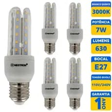 KIT 5 Lâmpadas LED Compacta 7W 3000K Luz Amarela Branca Quente Bivolt 110/220V 3U E27 NEOTRON 630 Lúmens - Decorativa Cozinha Casa Residencial Soquete Padrão Luminária Compacta Espiga Milho Formato U