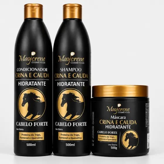 Kit Crina e Cauda Crescimento Shampoo Condicionador Máscara de hidratação Cabelo Forte Maycrene