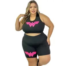 Conjunto Fitness Plus Size 44 ao 54 Short Ciclista e Top Academia Curves Feminino