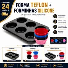 Forma Assadeira Teflon Antiaderente 6 Cavidades + Forminha Cupcakes Silicone Bolinhos Muffins Pão De Queijo Cake