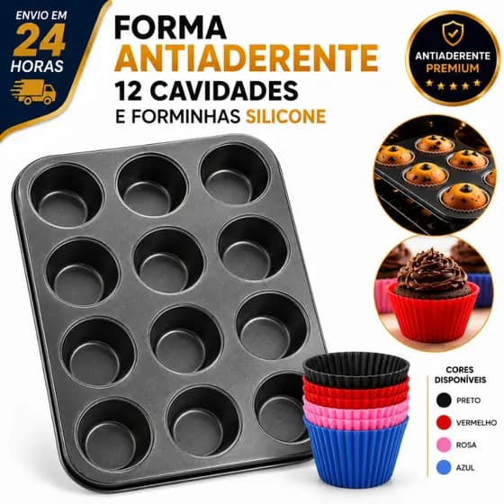 Forma Assadeira Teflon Antiaderente 12 Cavidades + Forminha Cupcakes Silicone Bolinhos Muffins Pão De Queijo Cake