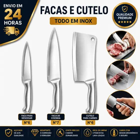 Kit Faca Toda Em Aço Inox Escovado Cutelo N°6 Faca Peixeira N°6 N°7 Cozinha Açougue