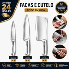 Kit Faca Toda Em Aço Inox Escovado Cutelo N°6 Faca Peixeira N°6 N°7 Cozinha Açougue
