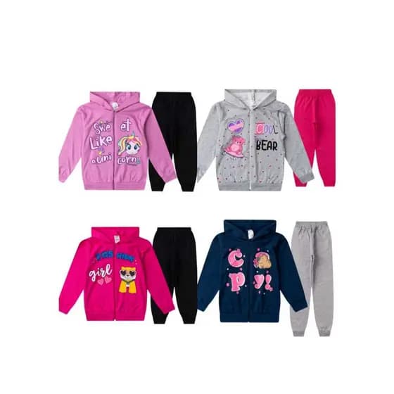 Kit 2 Conjuntos jaqueta com capuz e zíper estampado calça de moletom.