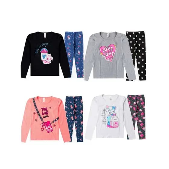 Kit  Juvenil Menina 4 Peças – 2 Blusas Manga Longa Estampada + 2 Leggings Estampadas (Tam 10 ao 16)