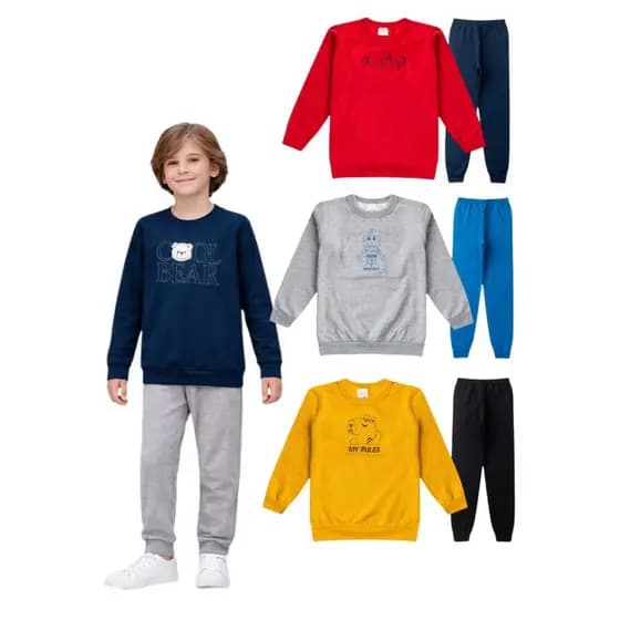 Kit Conjunto Infantil Moletom 2 Peças 1 Casaco + 1 Calça Básico Bordado Sem Capuz 1 a 8 Anos