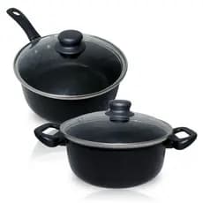 Conjunto 2 Panelas Antiaderente Kit Caçarola Teflon Preto E Vinho Tampa Vidro 16 e 18