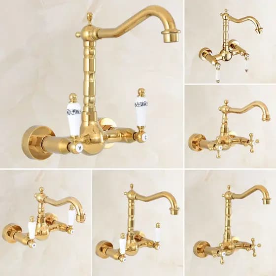 Luxo Cor De Ouro Latão Alças Duplas Fixado Na Parede Bacia Do Banheiro Torneira Da Pia Cozinha Misturador Água Bico Gira