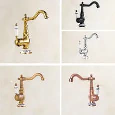 Latão Único Punho De Cerâmica Base Flor Banheiro Cozinha Barra Pia Torneira Bico Giratório Misturador Quente E Frio Deck