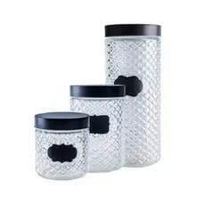 Kit 3 Potes Redondo de Vidro Com Tampa Preta e Adesivo Lousa Tile