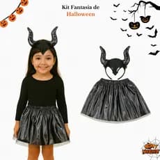 (V)Fantasia Infantil Halloween Saia Preta com Tiara de Chifres 🖤MQ5H