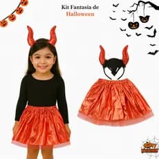 (V)Fantasia Infantil Halloween Saia Vermelha com Tiara de Diabinha 🔥VLNG