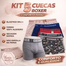 Kit 5 Cuecas Boxer Guerrier Masculina Original | Conforto, Forro 100% Algodão, Secagem Rápida