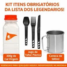 Kit Itens Obrigatórios da Lista dos Legendários – 300g de Cal Virgem + Jogo Talheres + Caneca Inox 500ml para Trilha,