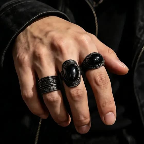 BRILHO - Anel Unissex com Pedra Negra Oval - Estilo Gótico Retrô 602
