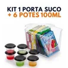 Kit Porta Suco Sachês + 6 Potes Gelatina Papinha 100ml BPA Free Organizador Cozinha Várias Cores