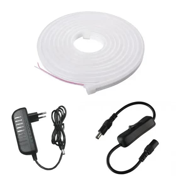 Fita Led Neon 5m Branca Fria 12v Com Fonte 3A e Interruptor P4