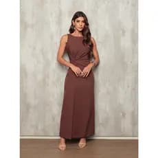 X170 648 Vestido longo elegante transpassado com nó fenda atras