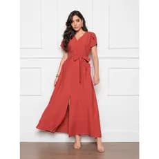 X1102 Vestido Longo Feminino Fenda na frente com laço e bolso maguinha - marrant