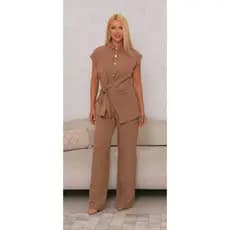 X659 Conjunto Twill Feminino Elegante blusa com Amarração e botao com calca reta e fluida